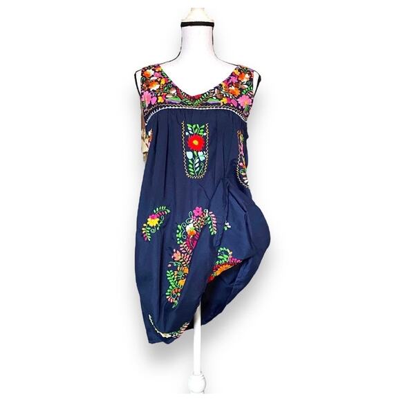 Erica Maree Hand Embroidered Mini Dress Fits Sz S Sleeveless Navy Blue Colorful - Picture 8 of 11